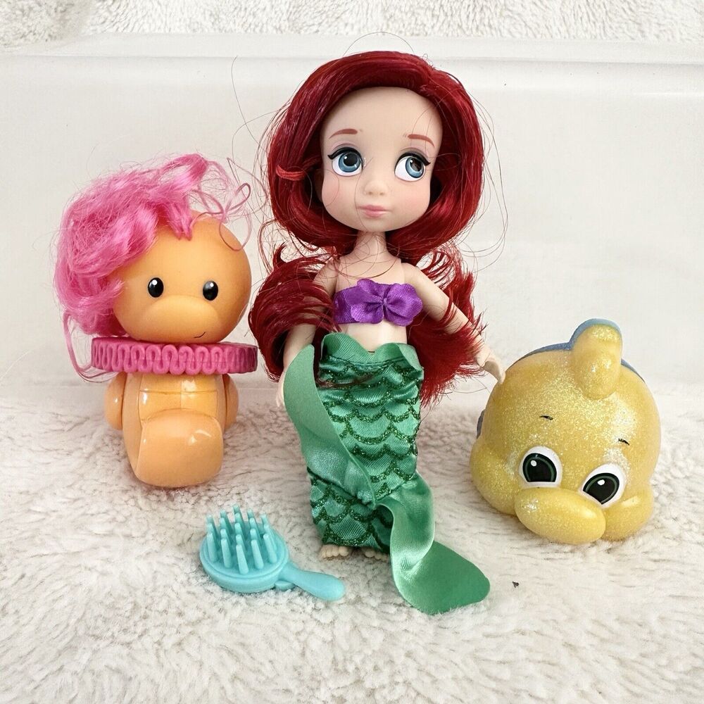 Disney Animator 5” Doll Little Mermaid Ariel Flounder Mini Lot Set Toy Accessory